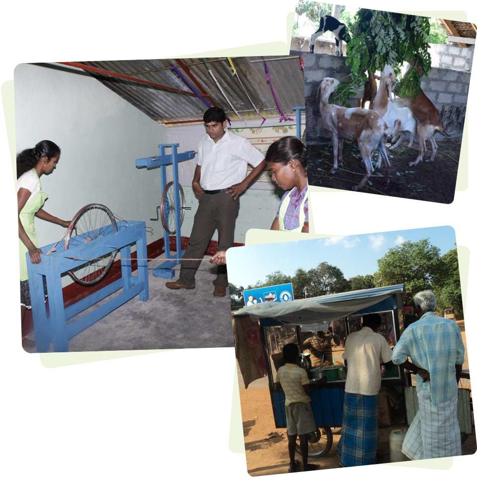 collage of people at work threading, small street vendor and goats